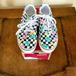 Vans Kids Black & White Checkerboard Sneakers with Pastel Butterflies, size 3